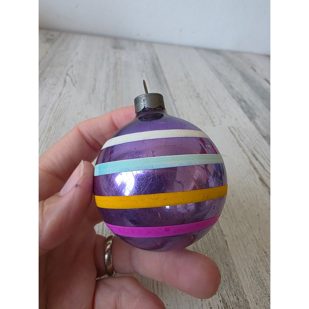 Vintage made in US of A purple and silvered striped pastel pink yellow ornament